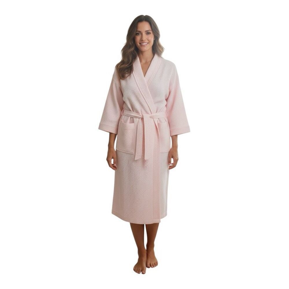 Aegean Apparel Women’s Pink Waffle Wave Cotton Kimono Wrap Robe One Size Pockets